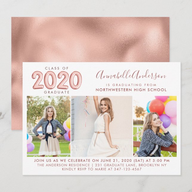 Invitation Graduate Class 2020 Rose Gold Balloon Graduation (Devant / Derrière)