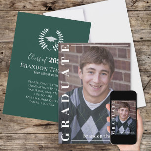 Invitation Graduate Classic Photo Simple Laureate Dark Green