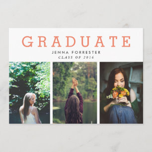 Invitation Graduate Cute Script Trois Photos Coral