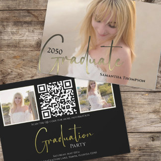 Invitation Graduate Gold Noir Calligraphie Photo QR Code