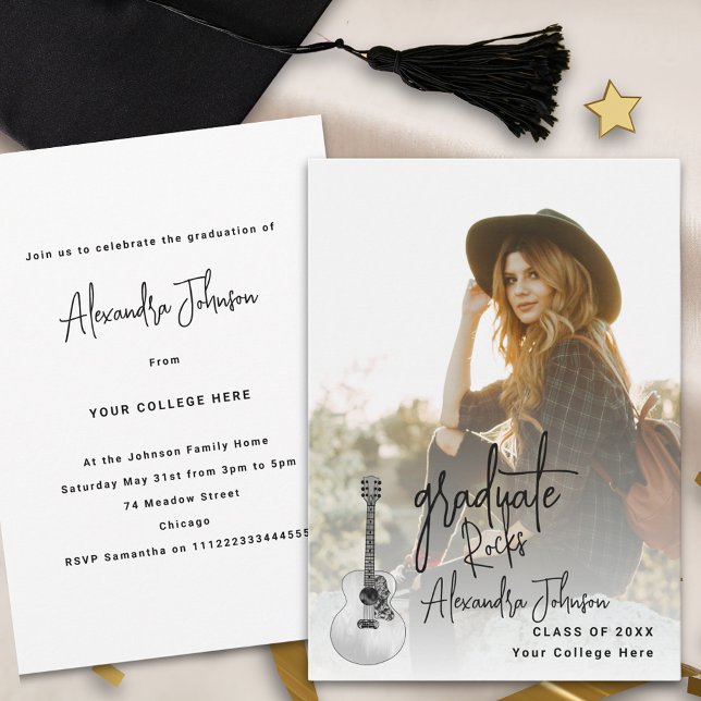 Invitation Graduate moderne de la photographie fête de gradua (Modern graduate photo trendy script Graduation party invitation country music guitar illustration)