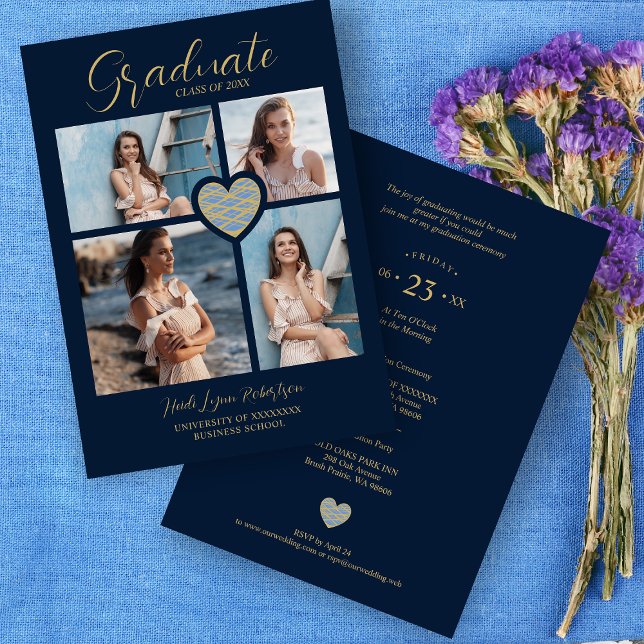 Invitation Graduate Navy Blue Trendy Heart Collage 4 Photos (Créateur téléchargé)
