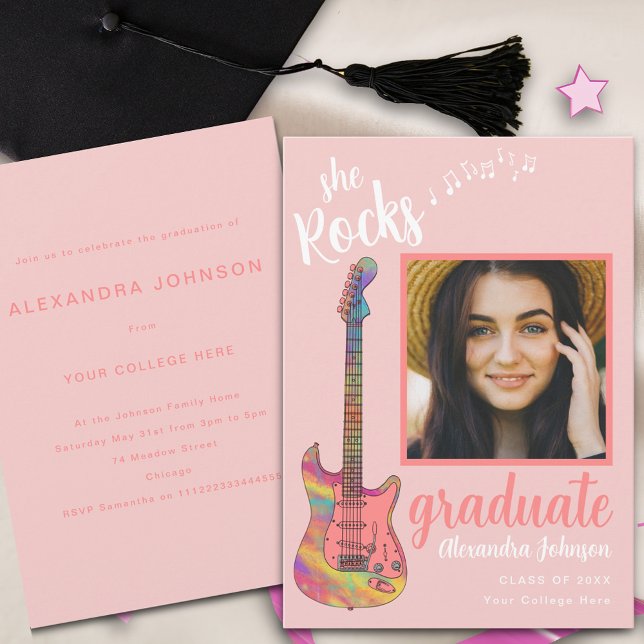 Invitation Graduate Photo Pink Script Graduation Party (Fun colorful guitar pink script graduate photo modern graduation party invitation )