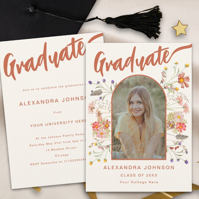 Invitation Graduate Photo Script Boho Floral Graduation Party (Wildflower boho graduate photo arch burnt orange script Graduation party invitation watercolor)
