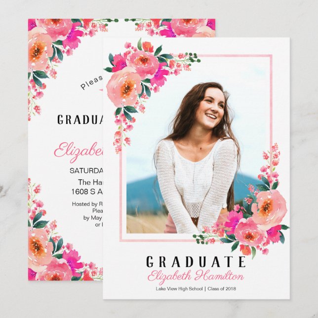 Invitation Graduate Pink Floral Frame Graduation Party Photo (Devant / Derrière)