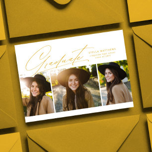 Invitation Graduate three photo simple modern golden yellow