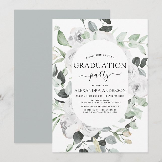 Invitation Graduation 2023 Floral Eucalyptus Vert (Devant / Derrière)