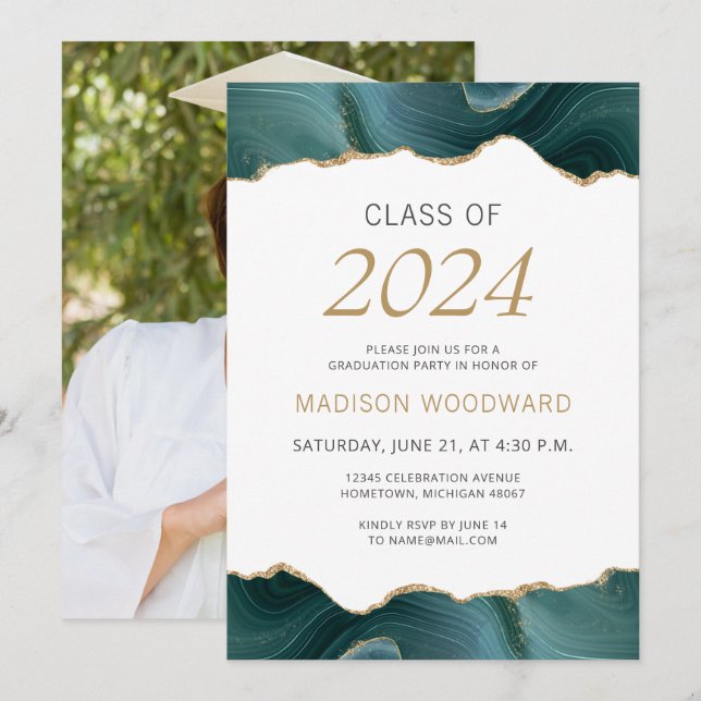 Invitation Graduation 2024 Photo Turquoise Gold Agate (Devant / Derrière)
