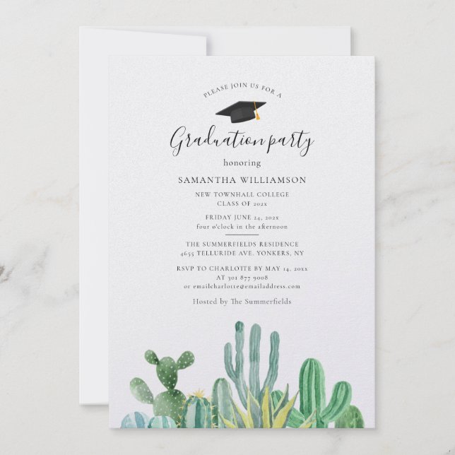 Invitation Graduation 2024 Watercolor Cactus Grad Party (Devant)