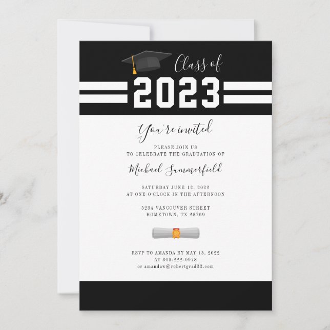 Invitation Graduation 2025 Black White Minimalist Grad Party (Devant)