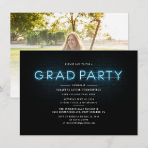 Invitation Graduation 2025 Blue Neon Graduate Photo Party