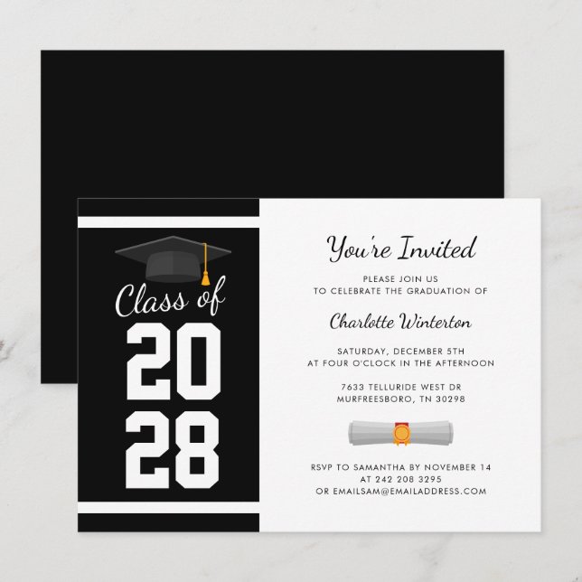 Invitation Graduation 2025 Modern Black White Grad Party (Devant / Derrière)