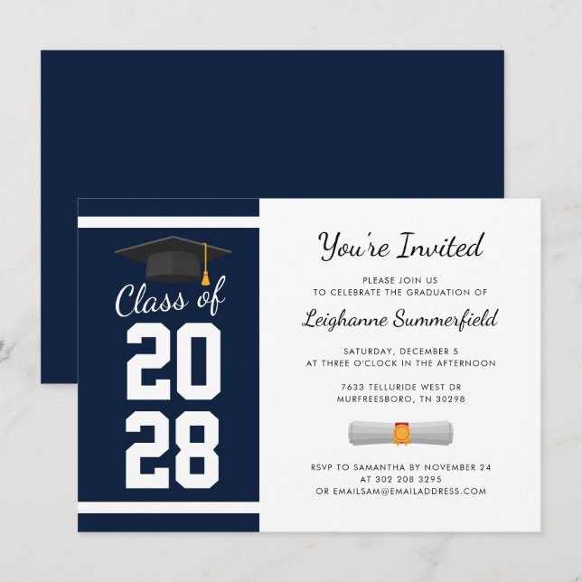 Invitation Graduation 2025 Modern Navy Blue Grad Party (Devant / Derrière)
