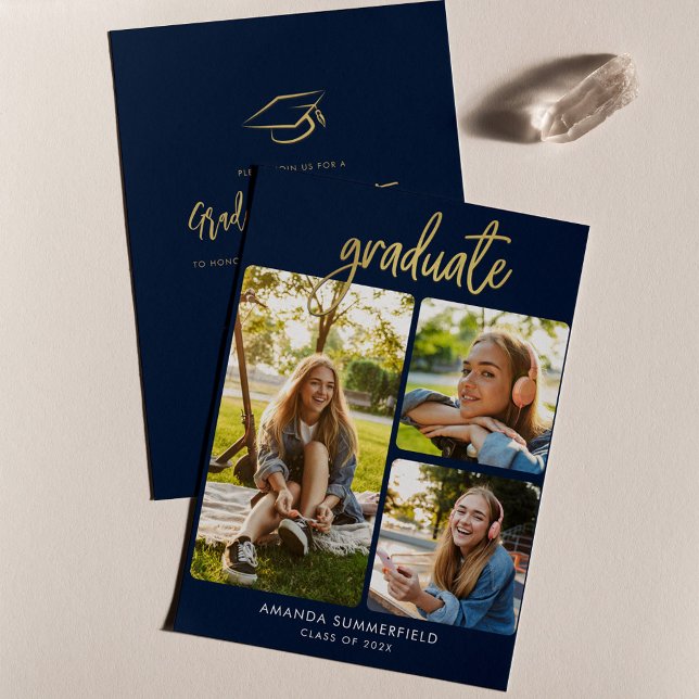 Invitation Graduation 2025 Photo Collage Navy Blue Grad Party (Graduate Photos Graduation 2024 Party Invitation)