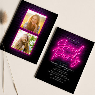 Invitation Graduation 2025 Pink Neon Script 2 Photos Party