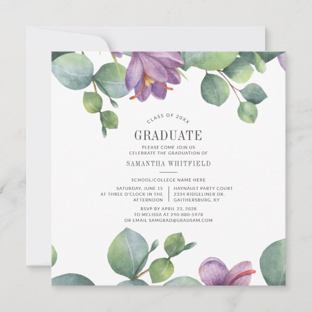 Invitation Graduation 2025 Watercolor Eucalyptus Party (Devant)