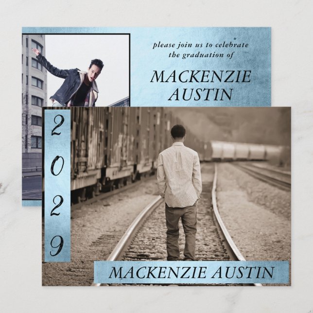 Invitation Graduation 2 Photo | Blue Faux Metallas Keepsaké (Devant / Derrière)