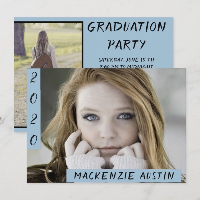 Invitation Graduation 2 Photo | Light Blue Modern Grad Party (Devant / Derrière)