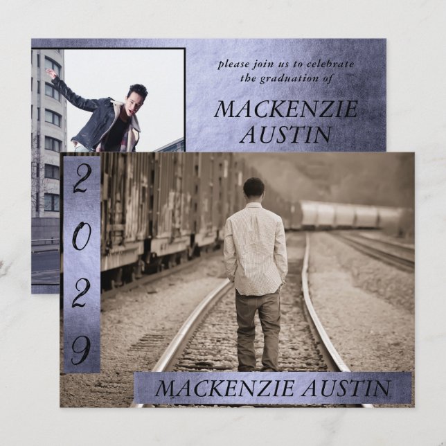 Invitation Graduation 2 Photo | Sophistiqué Purple Keepsaké (Devant / Derrière)