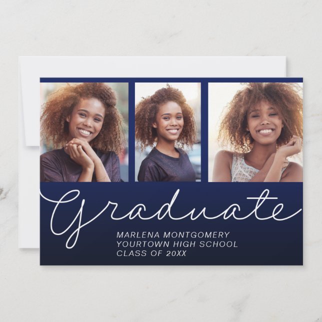 Invitation Graduation 3 Photo Élégant Script Party Navy Blue (Devant)