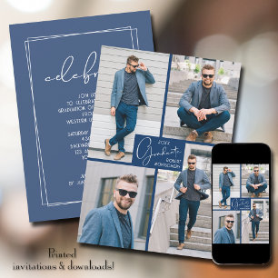 Invitation Graduation 4 Photo Collage Blue Party