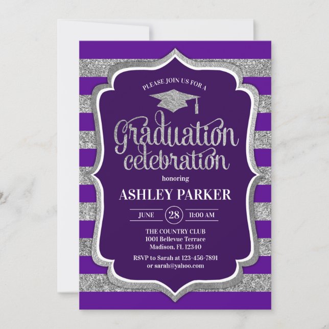 Invitation Graduation - Argent Purple Stripes (Devant)
