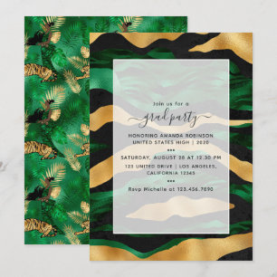 Invitation Graduation Art Déco Tropical Green et Gold Tiger