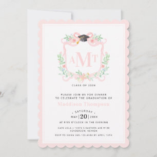 Invitation Graduation au ruban   3 Lettre Pink Monogramme Cre
