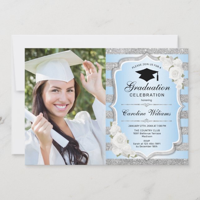 Invitation Graduation avec photo - Argent Bleu (Devant)