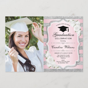 Invitation Graduation avec photo - Argent Rose