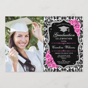 Invitation Graduation avec photo - Argent rose Noir