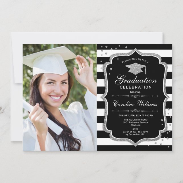 Invitation Graduation avec photo - Black White Silver (Devant)