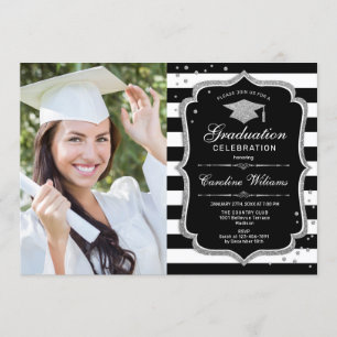 Invitation Graduation avec photo - Black White Silver