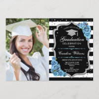 Graduation avec photo - Fleurs Bleues Argent