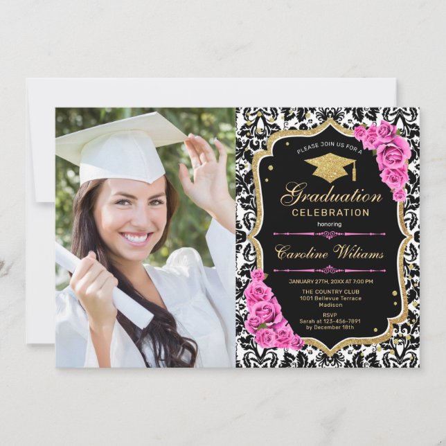 Invitation Graduation avec photo - Gold Black Rose (Devant)