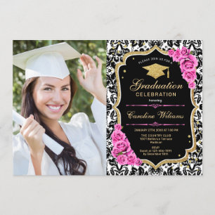 Invitation Graduation avec photo - Gold Black Rose