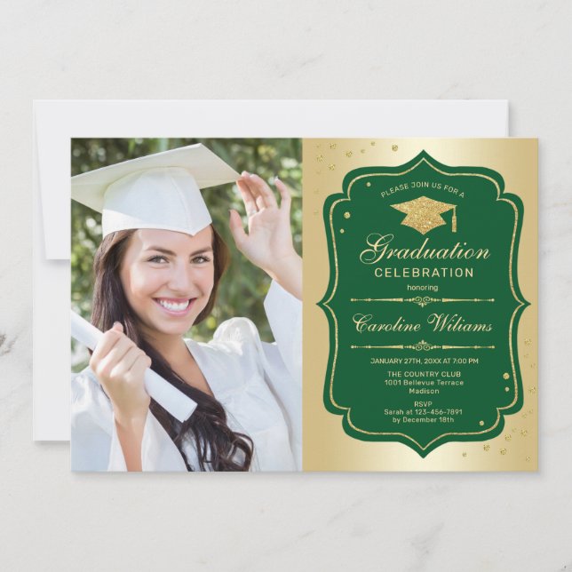 Invitation Graduation avec photo - Gold Green (Devant)