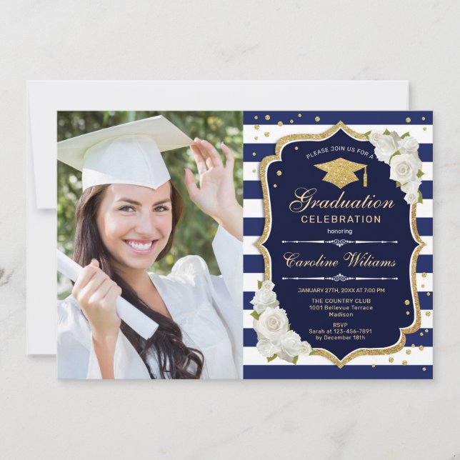 Invitation Graduation avec photo - Gold Navy White (Devant)