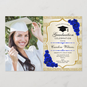 Invitation Graduation avec photo - Gold Royal Blue