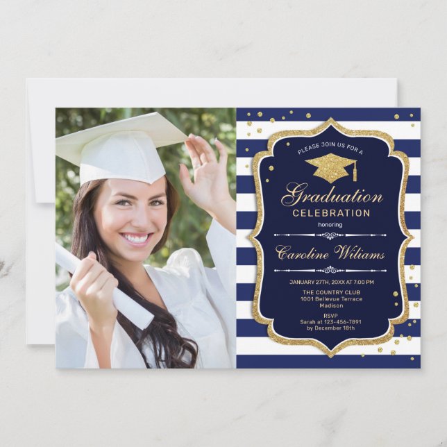 Invitation Graduation avec photo - Marine White Gold (Devant)