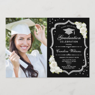 Invitation Graduation avec photo - Noir Argent Blanc