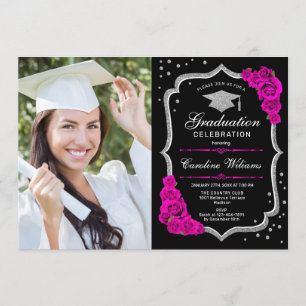 Invitation Graduation avec photo - Noir Argent Rose