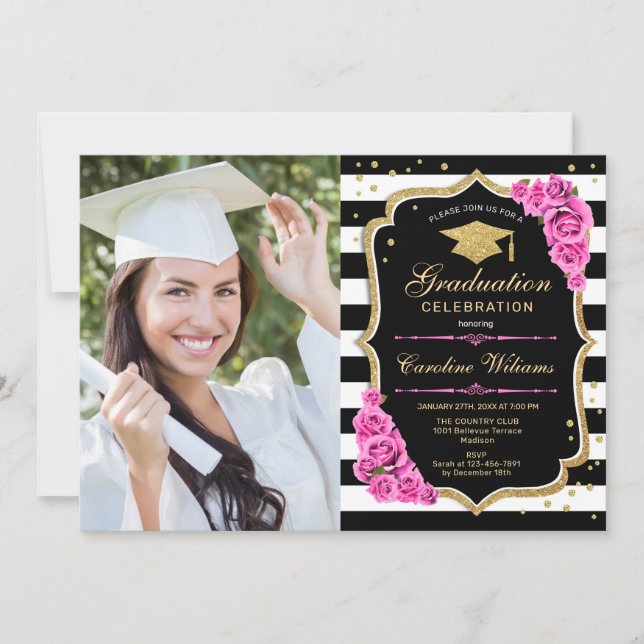 Invitation Graduation avec photo - Pink Gold Black (Devant)