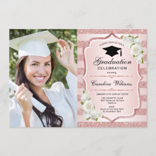 Invitation Graduation avec photo - Rose Gold White