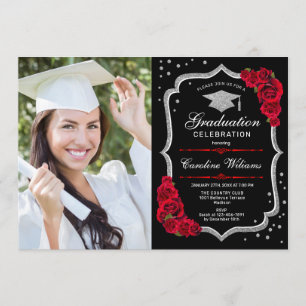 Invitation Graduation avec photo - Rouge d'argent noir