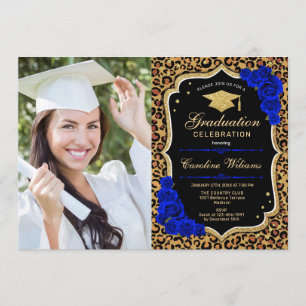 Invitation Graduation avec photo - Royal Blue Leopard