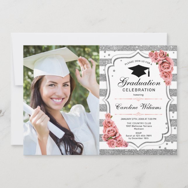 Invitation Graduation Avec Photo - Silver Blush Rose (Devant)