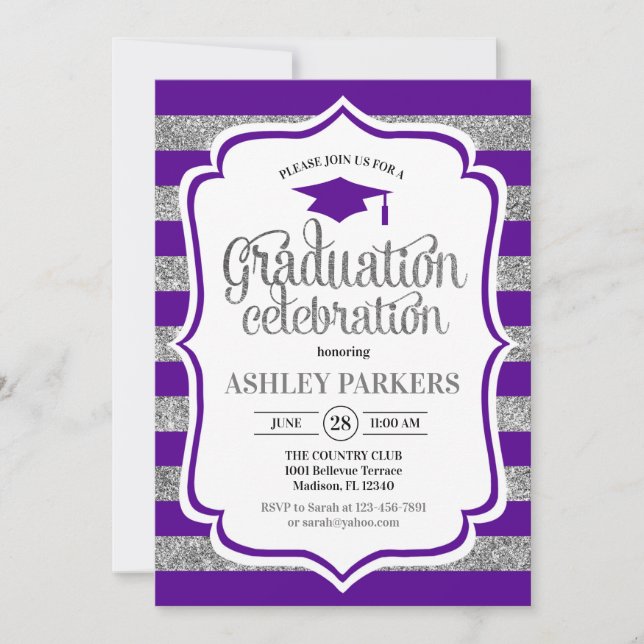Invitation Graduation - Bandes d'argent violet (Devant)