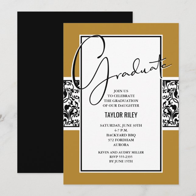Invitation Graduation Black and Gold Damask (Devant / Derrière)
