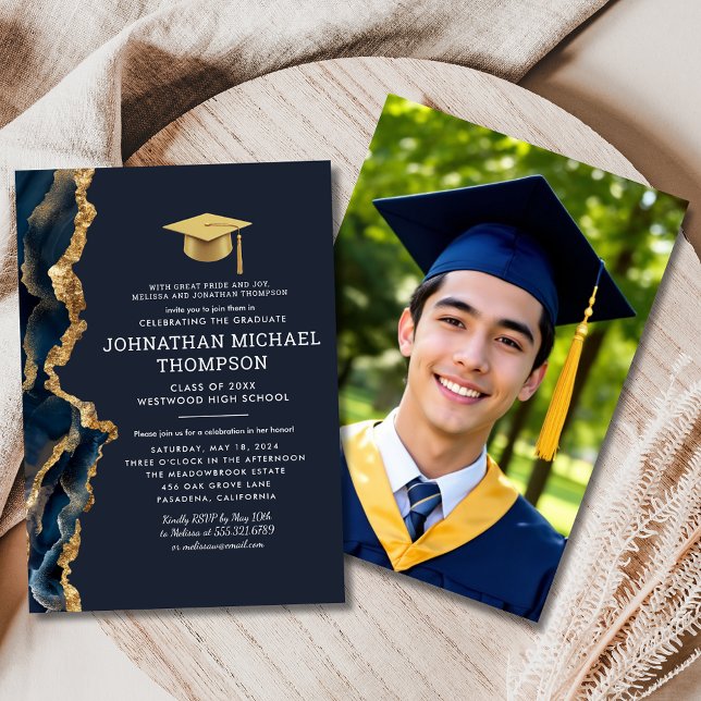 Invitation Graduation Blue Gold Agate Graduation Photo (Créateur téléchargé)